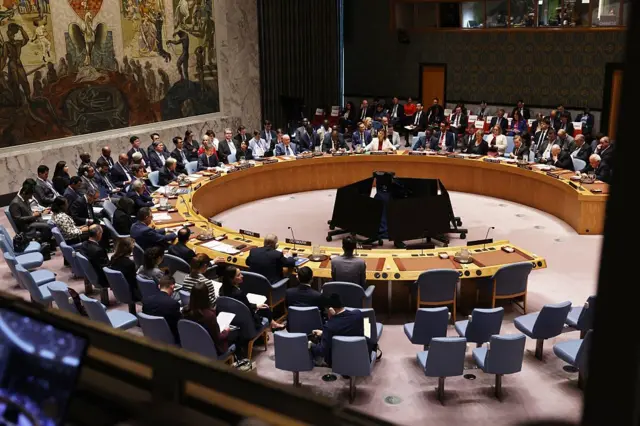 مجلس الأمن الدولي من الداخل، حيث تتربت المقاعد بجانب بعضها البعض على شكل دوائر. هناك عدد من المسؤولين يرتدون ملابس رسمية يجلسون في القاعة. يغلب على القاعة اللون البني ودرجاته، بينما يميل لون المقاعدة إلى الرمادي.