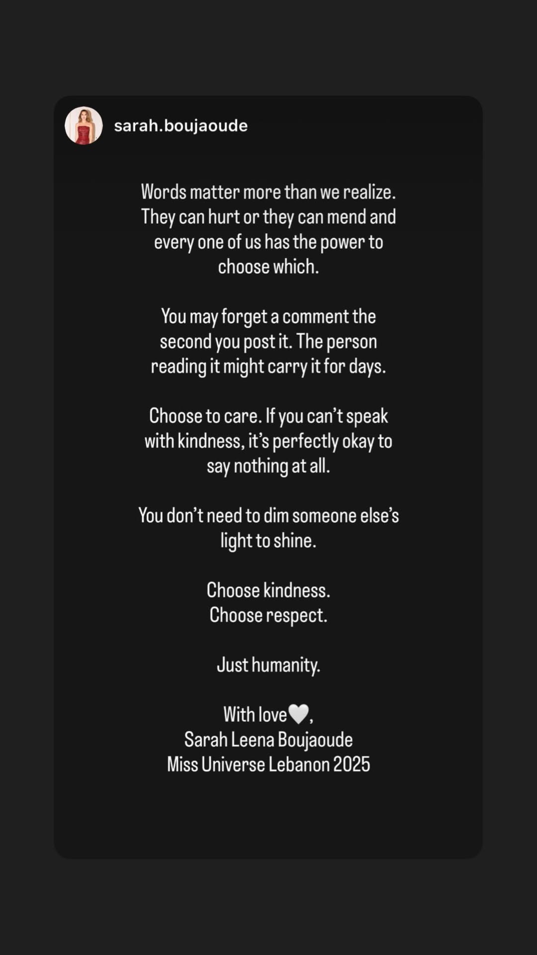 رسالة سارة لينا بو جودة إلى ملكة جمال الكون فاطيما بوش (إنستغرام)