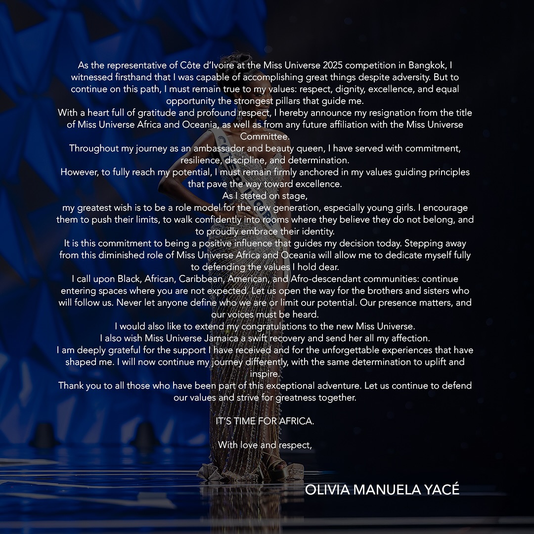 بيان ملكة جمال ساحل العاج أوليفيا مانويلا ياسي (إنستغرام)