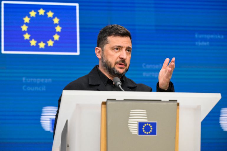 Ukraine's President Volodymyr Zelensky speaks to press during the European Council meeting gathering the 27 EU leaders to discuss Ukraine, European defence, recent developments in the Middle East, competitiveness, housing and migration, in Brussels, on October 23, 2025.