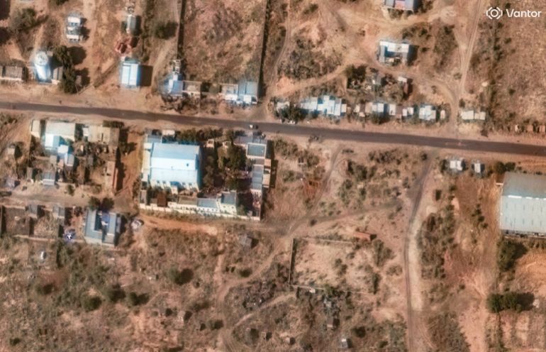 This satellite image from Vantor shows a trench experts suspect of being a mass grave being dug near a former children's hospital held by the paramilitary Rapid Support Forces in el-Fasher, Sudan, Sunday, Nov. 2, 2025. (©2025 Vantor via AP)