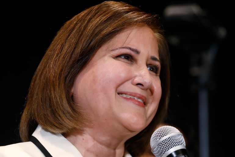 Virginia State Sen-Elect, Ghazala Hashmi speaks to supporters at a Democratic victory party in Richmond, Va., Tuesday, Nov. 5, 2019. (AP Photo/Steve Helber)