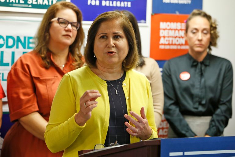 Democratic candidate for the 10th Virginia Senatorial district seat, Ghazala Hashmi, speaks during a press conference on gun violence in Richmond, Va., Thursday, Oct. 10, 2019. (AP Photo/Steve Helber)
