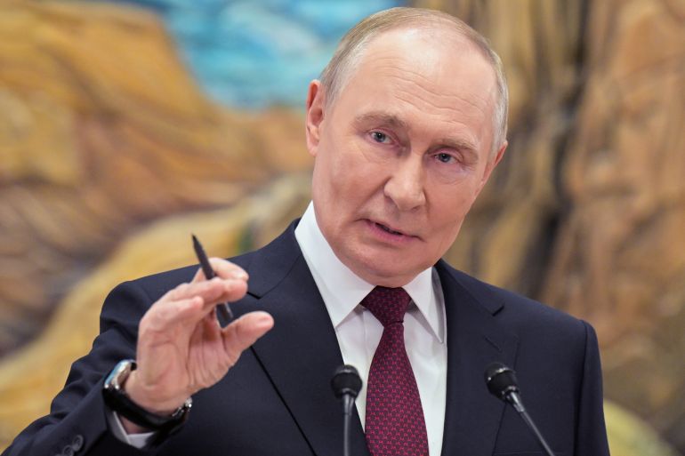 FILE - Russian President Vladimir Putin gestures as he speaks to Russian journalists after the summit of the Collective Security Treaty Organisation (CSTO) in Bishkek, Kyrgyzstan, Nov. 27, 2025. (Alexei Nikolsky, Sputnik, Kremlin Pool Photo via AP, File)