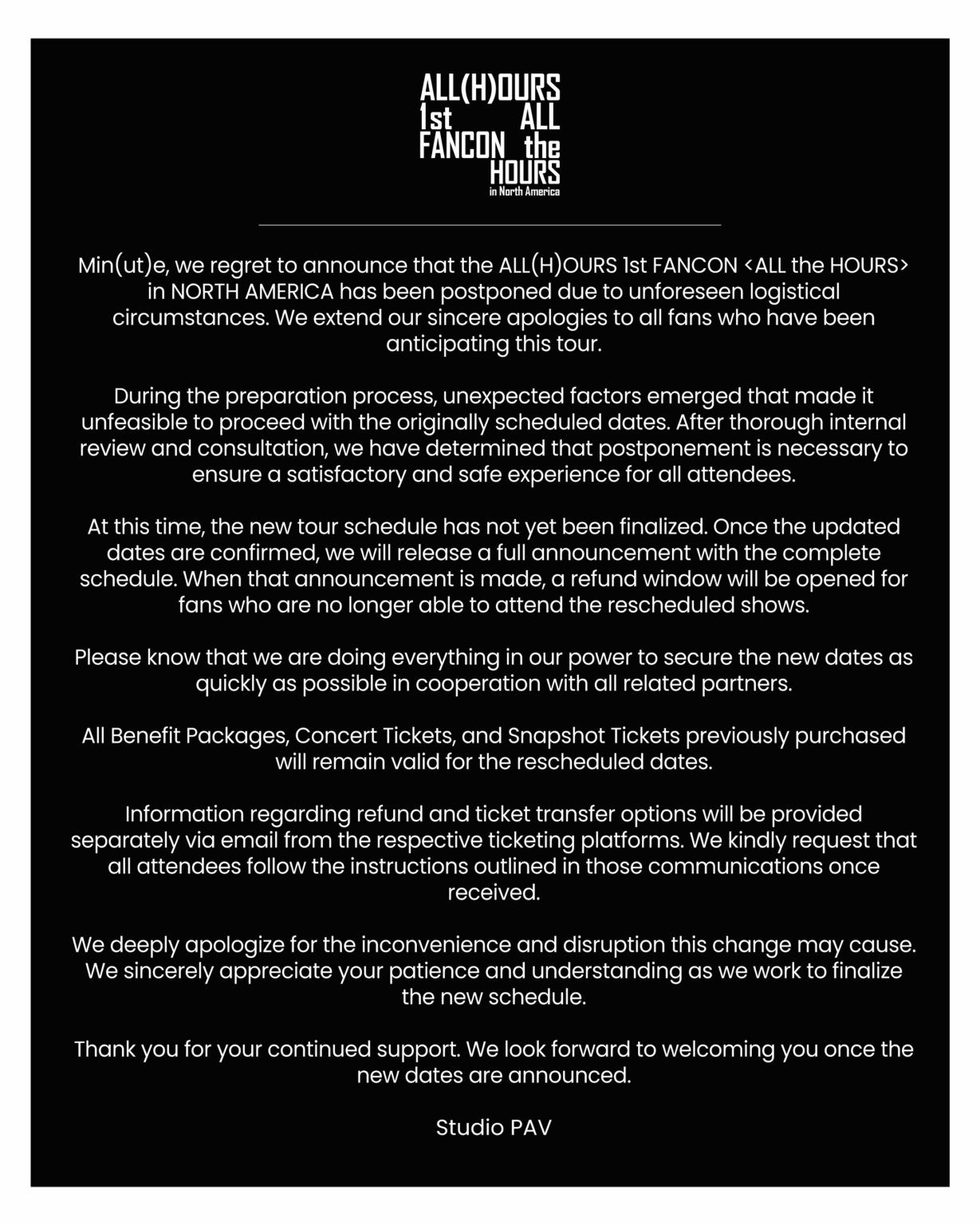 تم تأجيل حفل الفانكون الأول لـ ALL(H)OURS  في أمريكا الشمالية بسبب ظروف لوجستية غير متوقعة
