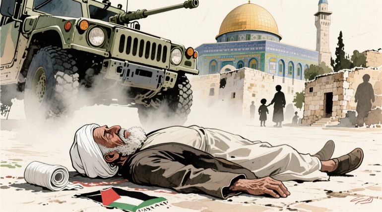 A hand-painted, brush-stroke illustration depicting the final moments of an elderly Palestinian sheikh in traditional attire, lying on the ground near Al-Aqsa Mosque. Military vehicles loom above him in a dramatic contre-plongée (low-angle) perspective, emphasizing the power imbalance. His white turban rolls away, and a faint misty flashback effect surrounds him, showing blurred silhouettes of his past — childhood scenes, old stone houses, and memories dissolving like watercolor. The atmosphere is tragic yet dignified, with light highlighting his calm, resilient expression. The whole artwork looks like a soft, expressive ink-and-watercolor painting, with textured paper and visible brush strokes.