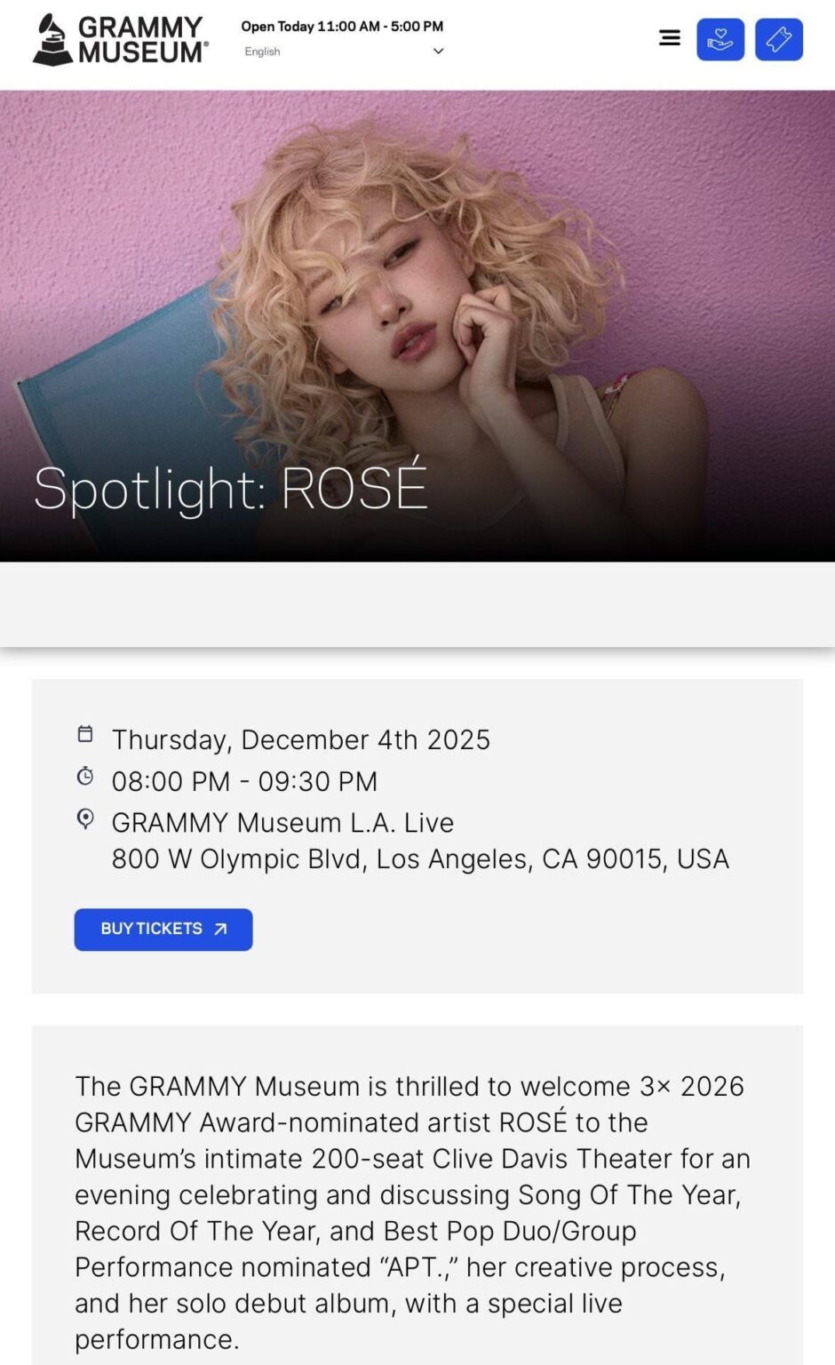 3x 2026 رشحت لجائزة جرامي ROSÉ للاحتفال بـ APT. والألبوم الفردي الأول "Rosie" مع أداء حي حميم في متحف جرامي في 4 ديسمبر 2025