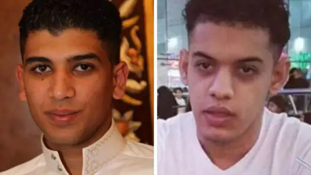 عبد الله الدرازي ينظر إلى الكاميرا ويرتدي سترة بيضاء، وجلال اللباد ينظر إلى الكاميرا مبتسماً وتظهر ياقة جلباب تحيط برقبته.