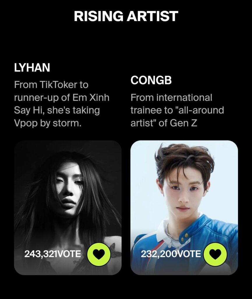 تم ترشيح CongB في فئة الفنان الصاعد في حفل توزيع جوائز WeYoung من WeChoice