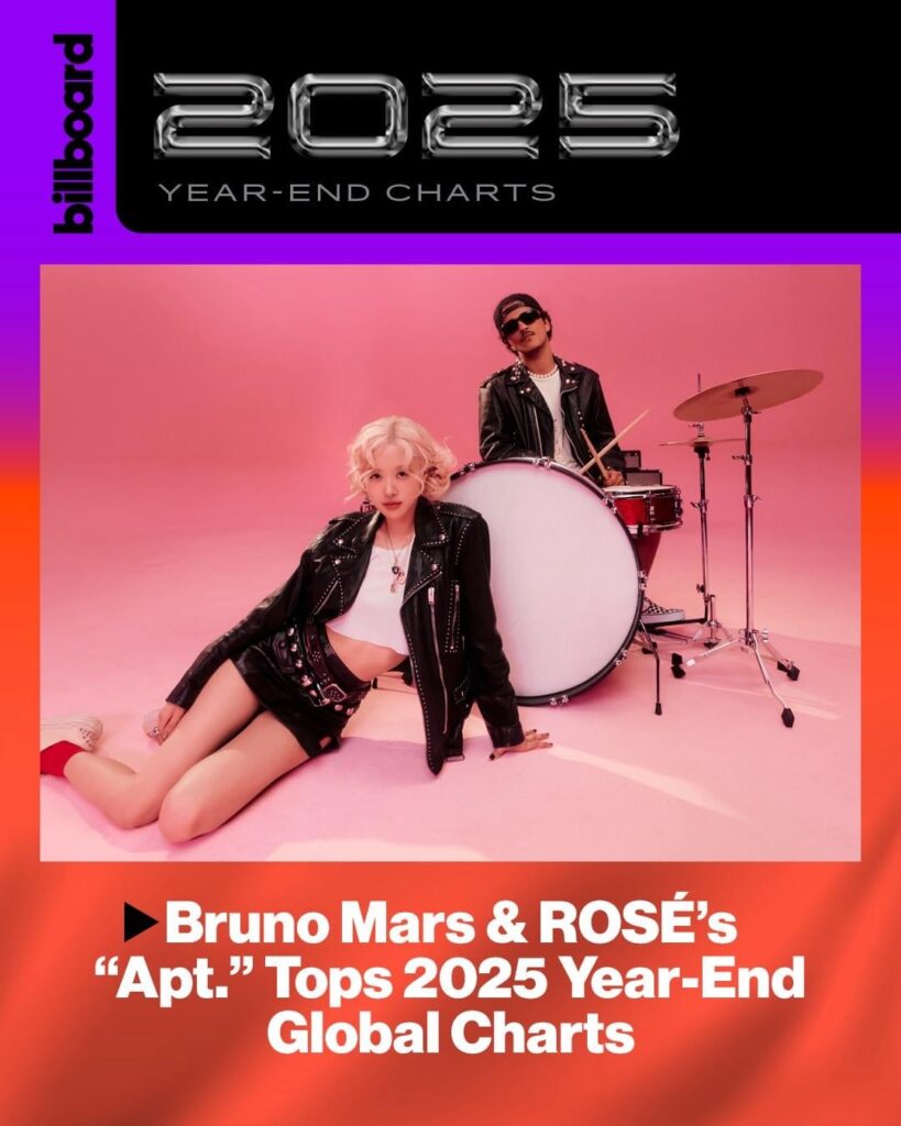 روزي وبرونو مارس - "APT". يهيمن على مخططات Billboard لنهاية العام 2025، حيث وصل إلى المركز الأول في كل من Billboard Global 200 وGlobal Excl لعام 2025. نحن!