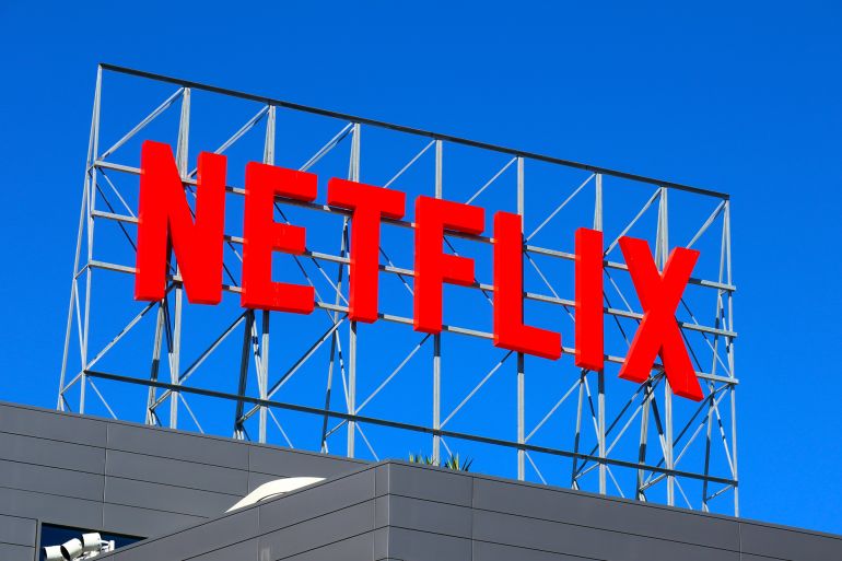 Hollywood (Los Angeles), California – October 5, 2023: NETFLIX signage in Hollywood on top of their corporate office building
