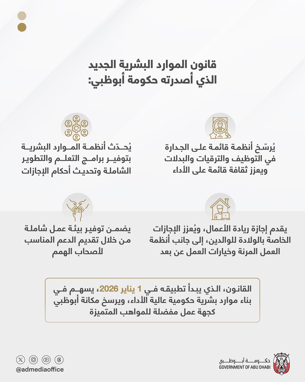 حكومة أبوظبي تصدر قانوناً جديداً للموارد البشرية بهدف تحديث إجراءات التوظيف وترسيخ الجدارة المهنية في القطاع العام