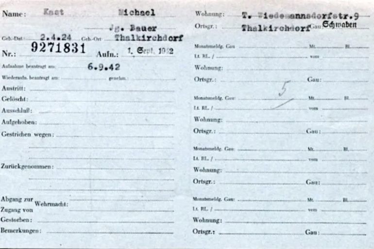 An 18-year-old Michael Kast joined the National Socialist German Workers’ Party, or NSDAP, in September 1942 (credit: WIKIMEDIA COMMONS/Berlin Document Center, NSDAP Mitgliederkartei)
