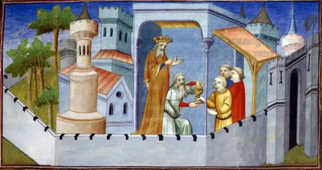 الحسن الصباح يقود طقوس التكريس في قلعة ألموت، مُقدّماً لأتباعه نبيذاً مُخدّراً، كما هو مُصوّر في كتاب العجائب لماركو بولو