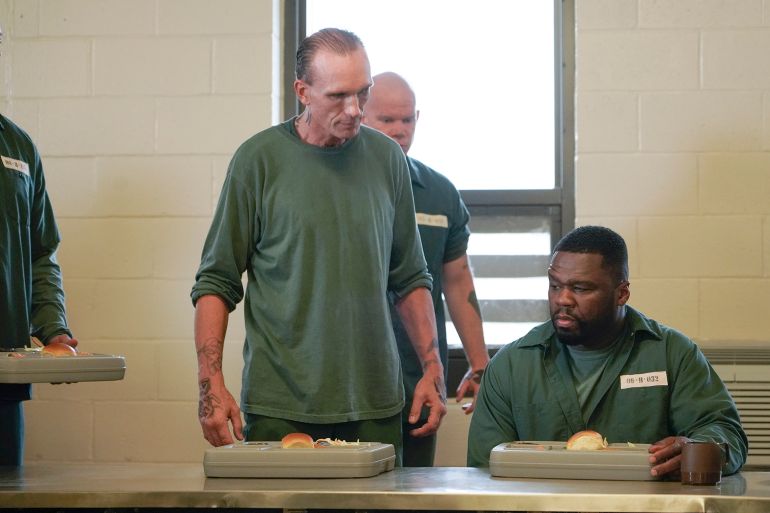 FOR LIFE - "Burner" - Aaron confronts O'Reilly in court, targeting the search warrant used in Aaron's arrest and the DA's failure to disclose a confidential informant. Marie's father comes to town, intent on encouraging her and Darius to solidify their relationship. Maskins arranges for a dangerous inmate, Cassius Dawkins, to be transferred to Bellmore in hopes that he'll cause problems for Safiya and Aaron, on "For Life," TUESDAY, MARCH 24 (10:00-11:00 p.m. EDT), on ABC. (Giovanni Rufino/ABC via Getty Images) PETER GREENE, CURTIS "50 CENT" JACKSON