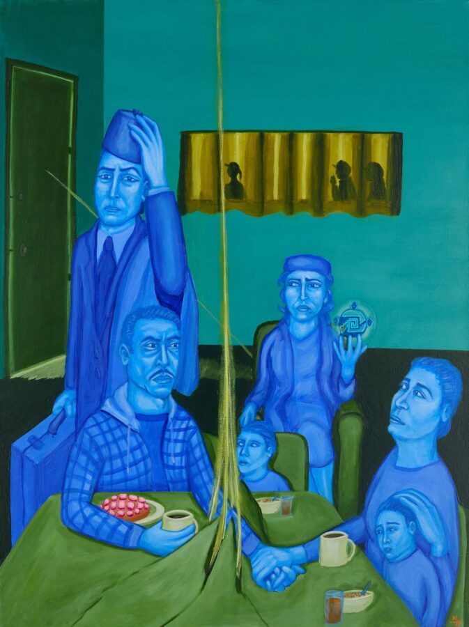 Art by Massoud Hayoun, ‘Anatomy of a Raid,’ 2025. Acrylic on canvas, 101.6 x 76.2 cm (40 x 30 in). Photo courtesy of the Larkin Durey gallery, London.