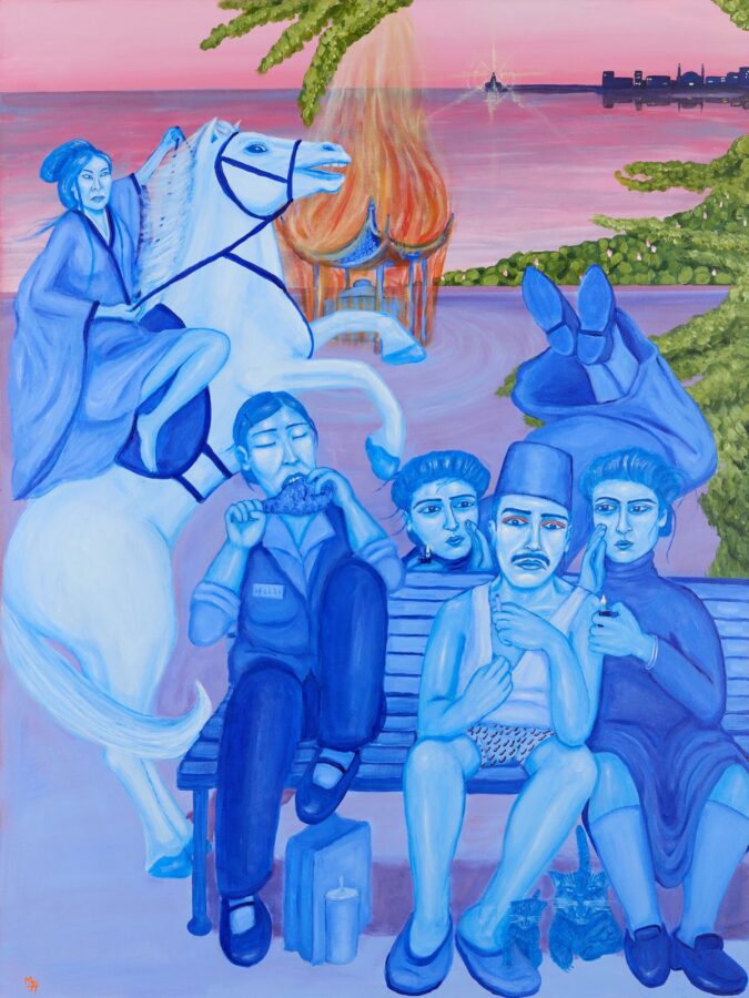 Art by Massoud Hayoun, ‘Don’t trifle with the cat women of Alexandria in the summertime • Feu follet,’ 2024. Acrylic on canvas, 121.9 x 91.4 cm (48 x 36 in). Photo courtesy of the Larkin Durey gallery, London..