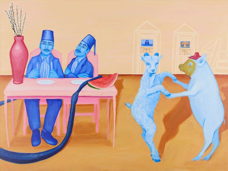 Art by Massoud Hayoun, ‘Sick of foul, I'll take the goat,’ 2024. Acrylic on canvas, [91.4 x 121.9 cm (36 x 48 in). Photo courtesy of the Larkin Durey gallery, London.