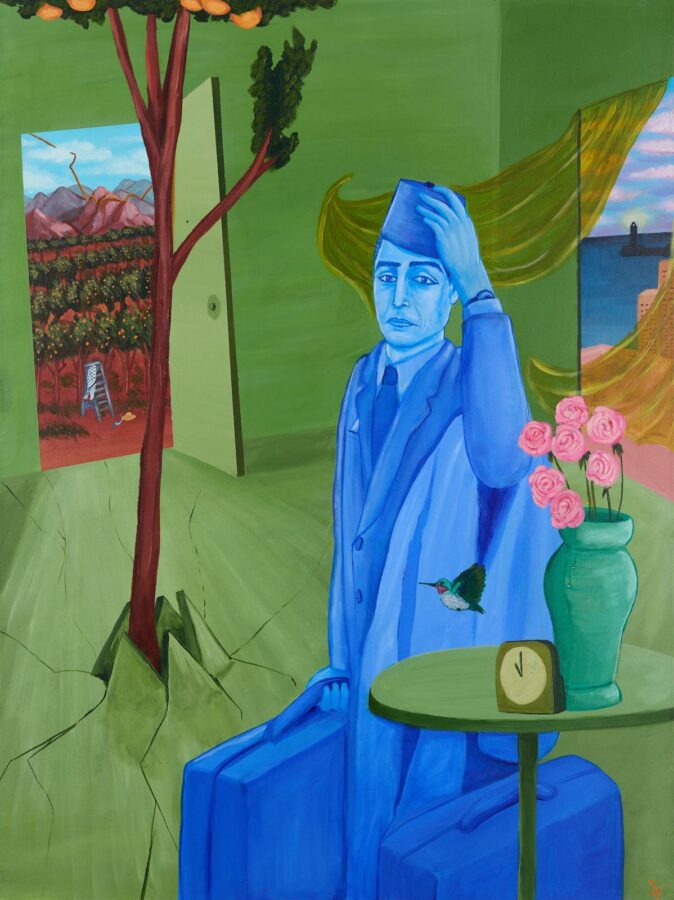 Art by Massoud Hayoun, ‘Stateless • Por no llevar papel,’ 2024. Acrylic on canvas, 121.9 x 91.4 cm (48 x 36 in). Photo courtesy of the Larkin Durey gallery, London.