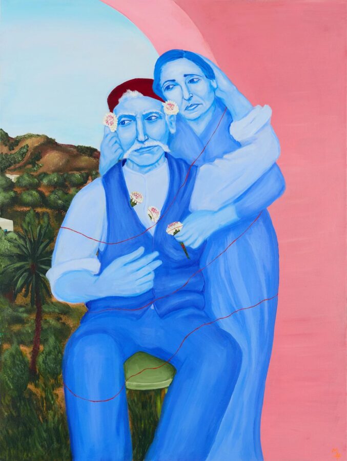 Art by Massoud Hayoun, ‘Uncynical Tunisian love painting,’ 2024. Acrylic on canvas, 101.6 x 76.2 cm (40 x 30 in). Photo courtesy of the Larkin Durey gallery, London.