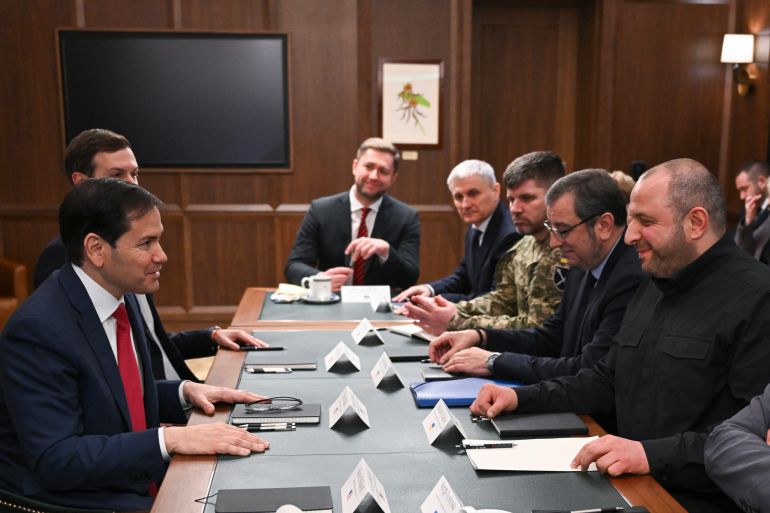 US Secretary of State Marco Rubio (L) meets with Ukrainian officials headed by Secretary of the National Security and Defense Council of Ukraine Rustem Umerov (R) in Hallandale Beach, Florida on November 30, 2025. (Photo by CHANDAN KHANNA / AFP)