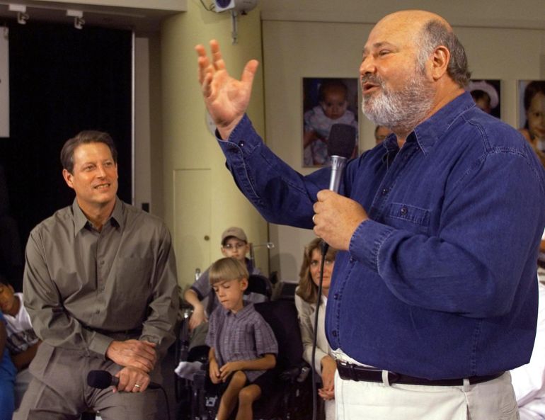 (FILES) US Vice President and Democratic presidential candidate Al Gore (L) listens to US actor and director Rob Reiner while participating in a children's health care forum at University Medical Center in Cleveland, Ohio, on August 13, 2000.