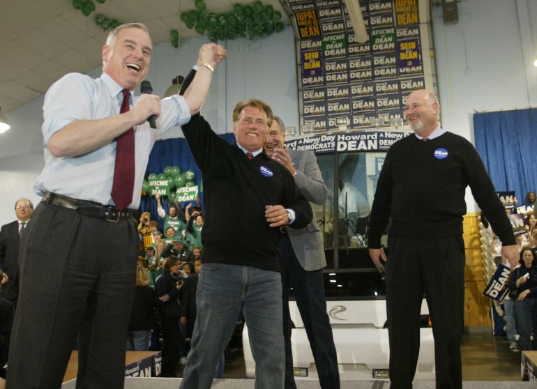 (FILES) Democratic Presidential candidate Governor Howard Dean (L) is greeted by actor Martin Sheen (C) and actor/director Rob Reiner (R) as he campaigns at the Iowa State Fairgrounds in Des Moines, Iowa, on January 14, 2004.