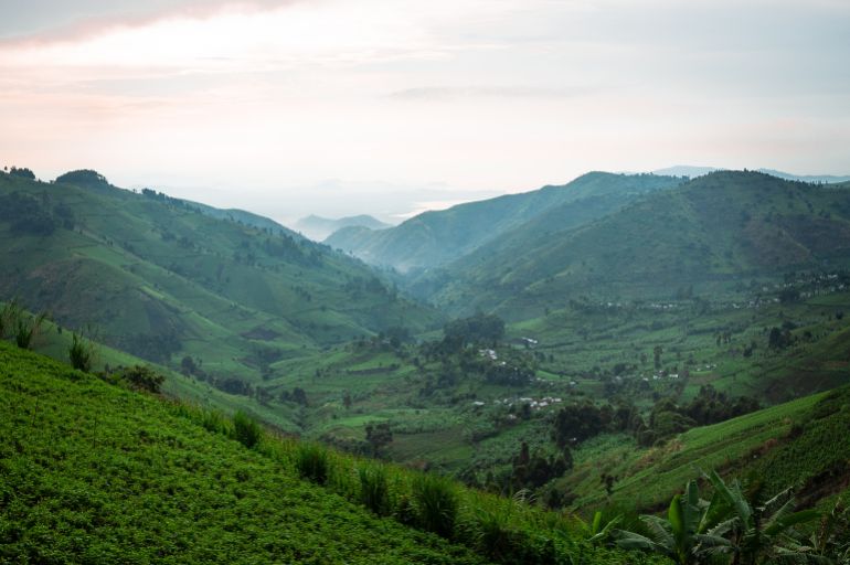 Sunrise over the hills of Kinyatsi, in the village of Mushaki, Masisi territory, eastern Democratic Republic of Congo, on November 12, 2025.