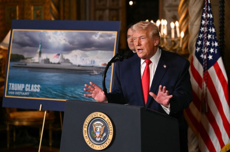 US Secretary of State Marco Rubio looks on as US President Donald Trump speaks after announcing the US Navy’s new Golden Fleet initiative, unveiling a new class of warships, at Mar-a-Lago in Palm Beach, Florida, on December 22, 2025.