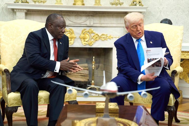 President Donald Trump meets South Africa's President Cyril Ramaphosa in the Oval Office of the White House, Wednesday, May 21, 2025, in Washington. (AP Photo/Evan Vucci)