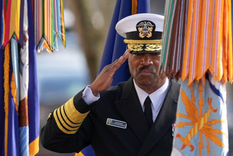 Navy Adm. Alvin Holsey salutes during the presentation of colors during his relinquishment of command and retirement ceremony at U.S. Southern Command, Friday, Dec. 12, 2025, in Doral, Fla. (AP Photo/Rebecca Blackwell)