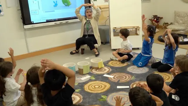 صورة تُظهر صفّاً فيه عددٌ من الطلاب الصغار وهم يرفعون أيديهم فوق رؤوسهم والمعلمة تجلس قبالتهم، في نشاط غنائي لتعلّم اللغة العربية.