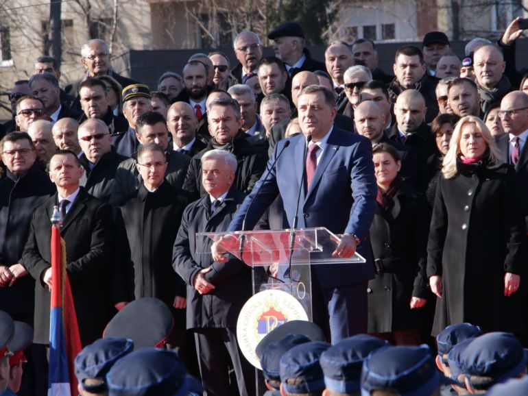 Republika Srpska Day in Bosnia and Herzegovina- - BANJA LUKA, BOSNIA AND HERZEGOVINA - JANUARY 09: Serb member of the Presidency of Bosnia and Herzegovina Milorad Dodik makes a speech during a ceremony to mark January 9 as the Day of the Republika Srpska (RS) Bosnia's Serb-dominated part, despite Constitutional Court of Bosnia and Herzegovina's ban against the constitutionality of the Republika Srpska National Day, in Banja Luka, Bosnia and Herzegovina on January 9, 2