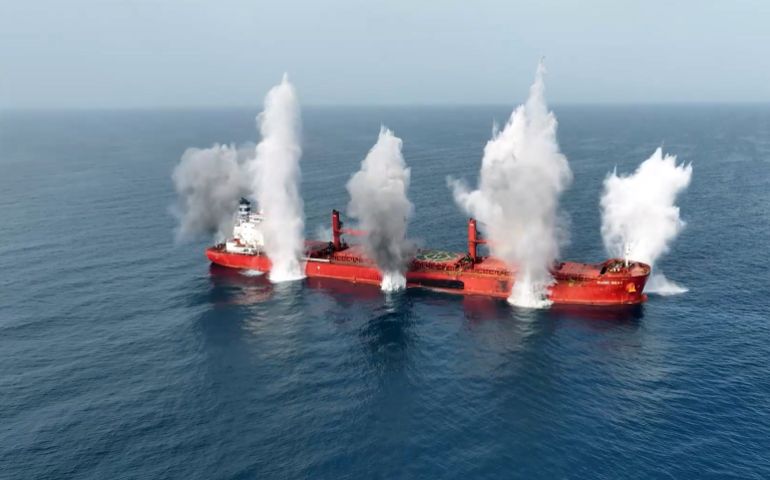 epa12225445 A screen grab taken from a handout video released by the Houthis military media center on 08 July 2025 shows the Liberian-flagged bulk carrier, the Magic Seas, sinks after being attacked in the Red Sea off the port city of Hodeidah, Yemen, 06 July 2025. Yemen's Houthis have claimed responsibility for the attack on the Liberian-flagged bulk carrier, the Magic Seas with rockets and explosive-laden remote-controlled boats in the Red Sea on 06 July 2025, causing the ship to sink. EPA/HOUTHIS MILITARY MEDIA CENTER / HANDOUT BEST QUALITY AVAILABLEHANDOUT EDITORIAL USE ONLY/NO SALES