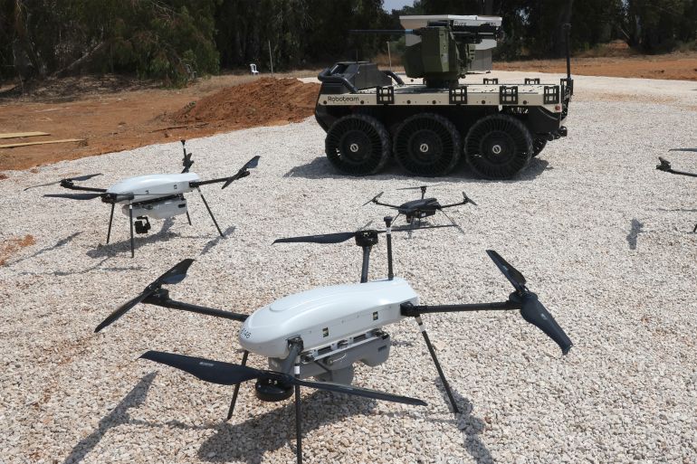 THOR vertical takeoff and landing (VTOL) micro-unmanned aerial systems (UAS), developed as military tactical mule platform and part of the "Legion-X" line of robotic and autonomous combat solutions produced by the Israel-based international defence electronics company Elbit Systems, are pictured during a press demonstration at their headquarters in Ramat HaSharon in central Israel on July 10, 2023. The Legion-X line allows for the control and coordination of a networked group of heterogeneous autonomous systems that can act as a cohesive unit and individually, as part of an overall combat network system. (Photo by JACK GUEZ / AFP)