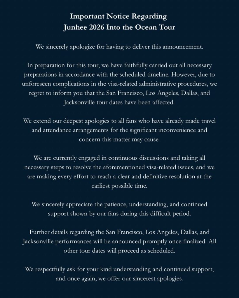 سيتم إعادة جدولة مواعيد جولة ACE Junhee لعام 2026 في سان فرانسيسكو ولوس أنجلوس ودالاس وجاكسونفيل بسبب مشكلات متعلقة بالتأشيرة