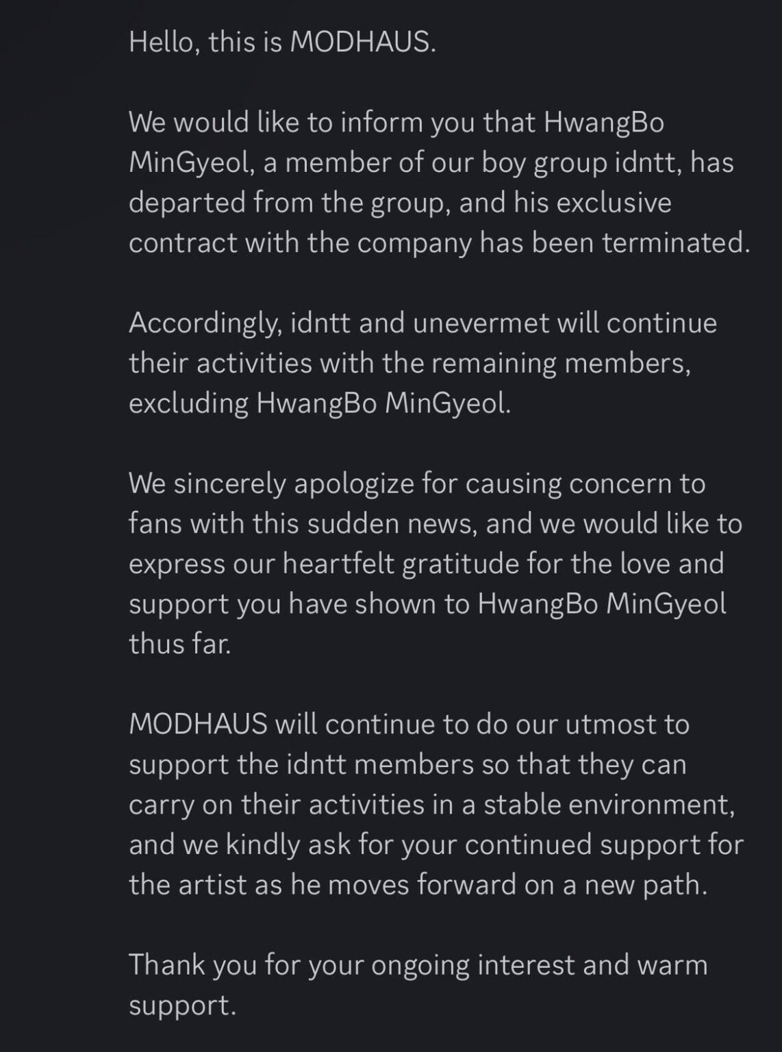 MODHAUS يعلن أن idntt Hwangbo Mingyeol قد ترك الفرقة رسميًا