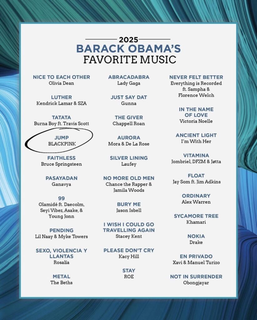 تم إدراج 251218 JUMP لفرقة Blackpink في الموسيقى المفضلة لباراك أوباما لعام 2025
