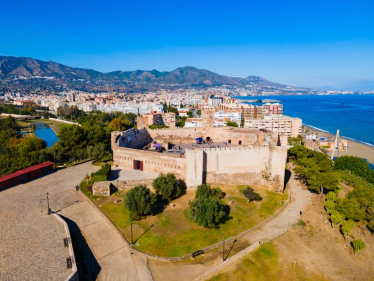 Sohail Castle or Castillo Sohail aerial panoramic view. Sohail Castle a historic fortress in Fuengirola city on the Costa del Sol in the Malaga province in the Andalusia, Spain.