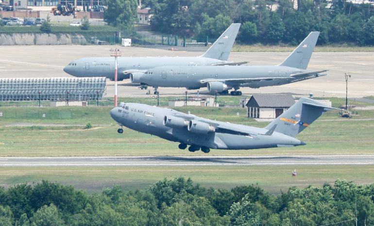 epa12192412 A Boeing C-17 Globemaster III transport aircraft of the US Air Force takes off from Ramstein Air Base in Landstuhl, Germany, 23 June 2025. Ramstein Air Base is a military airfield of the United States Air Force and serves as its European headquarters. EPA/RONALD WITTEK
