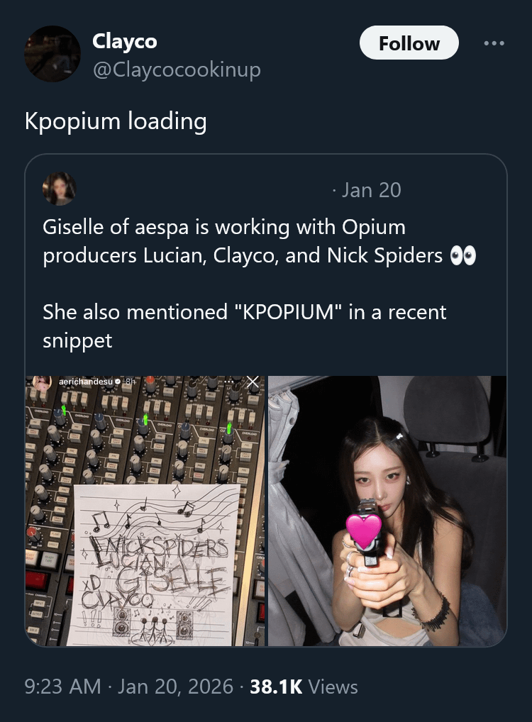 260120 منتج Clayco 'Opium' نقلاً عن تغريدة لجيزيل، "تحميل Kpopium"