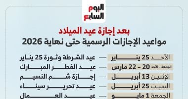 مواعيد الإجازات الرسمية حتى نهاية 2026 باليوم والتاريخ.. إنفوجراف
