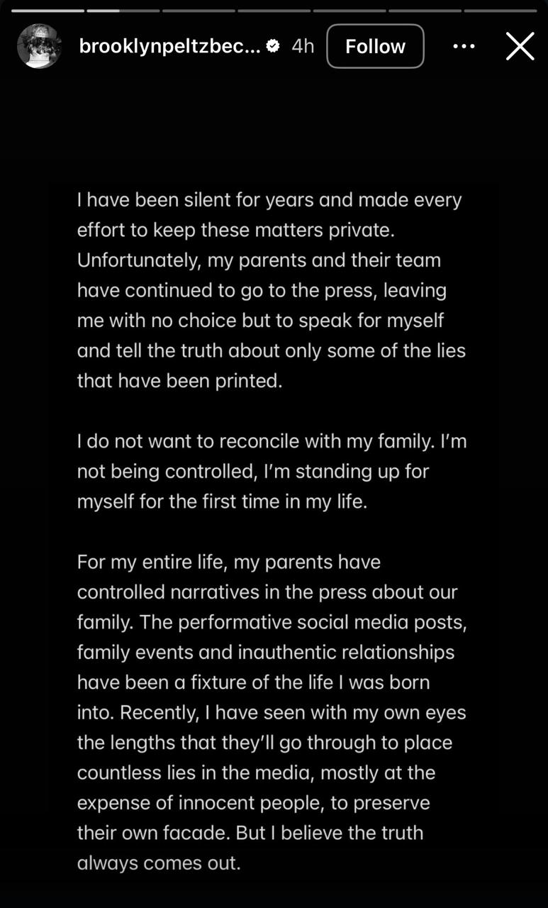 منشور بروكلين بيكهام عبر قصص إنستغرام الخاص به