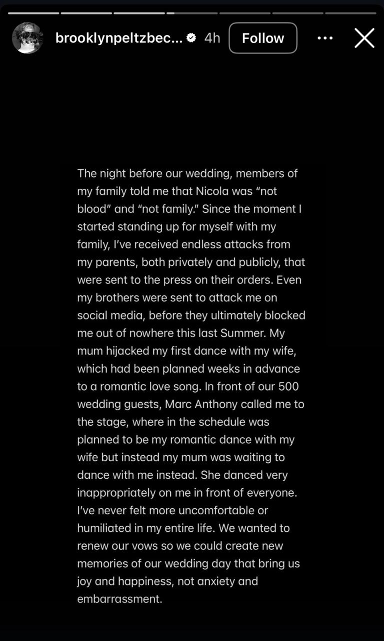 منشور بروكلين بيكهام عبر قصص إنستغرام الخاص به