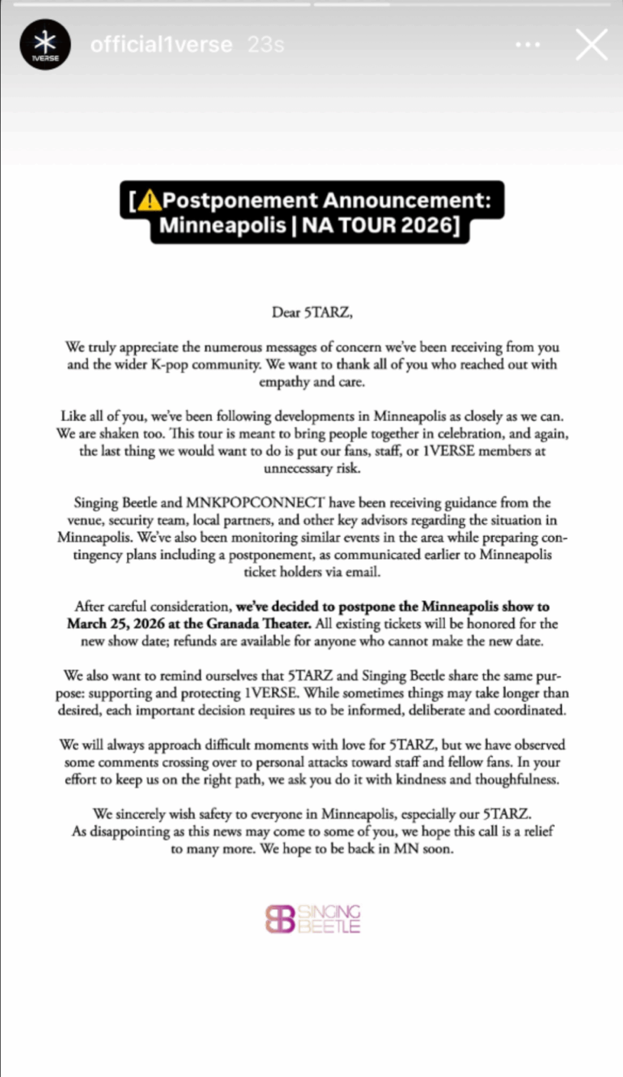 قامت فرقة 1verse بإعادة جدولة محطتها السياحية في مينيابوليس