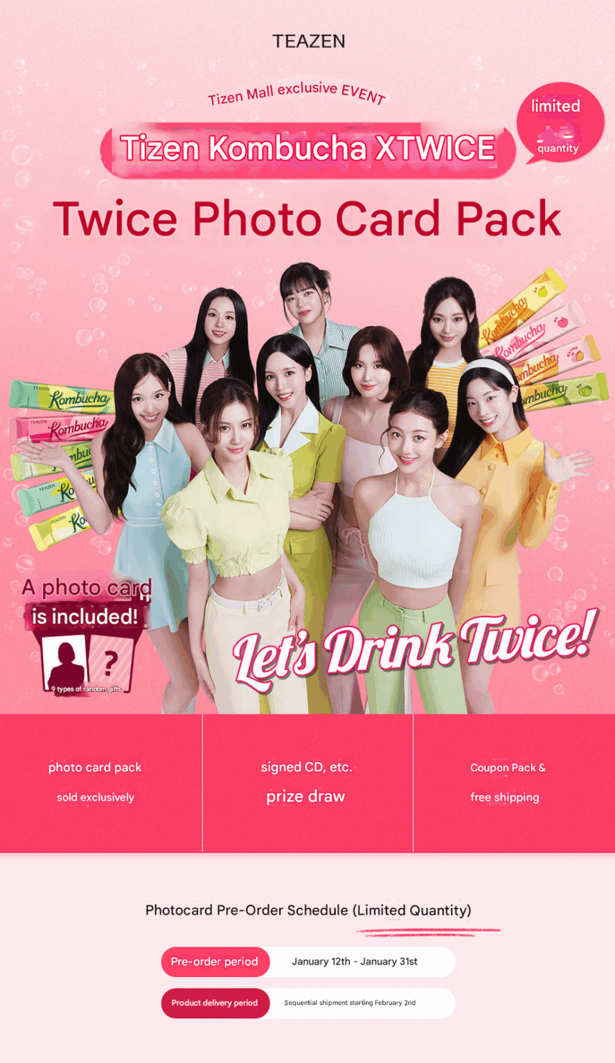 260112 تحديث موقع تيزن مول - حدث TEAZEN KOMBUCHA x TWICE الحصري، السحب وحزمة بطاقات الصور مع الطلبات المسبقة