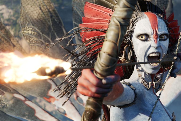 This image released by 20th Century Studios shows Varang, performed by Oona Chaplin, in a scene from "Avatar: Fire and Ash." (20th Century Studios via AP)