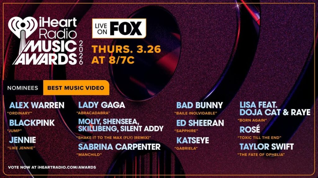 تم ترشيح 260108 BLACKPINK، وJISOO، وJENNIE، وROSÉ، وLISA في 10 فئات في حفل توزيع جوائز iHeart Radio Music Awards لعام 2026، بما في ذلك "أفضل مجموعة K-pop لهذا العام"، و"أفضل فنان K-pop لهذا العام"، و"أغنية K-pop لهذا العام"!