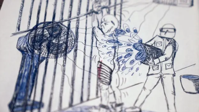 رسم تخيلي لعملية تعذيب باستخدام المياه تعرض لها أبو زبيدة في أحد معتقلات المخابرات الأمريكية