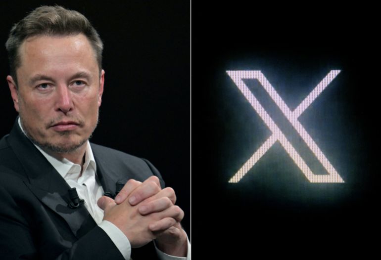 (FILES) This combination of pictures created on October 10, 2023, shows (L) SpaceX, Twitter and electric car maker Tesla CEO Elon Musk during his visit at the Vivatech technology startups and innovation fair at the Porte de Versailles exhibition center in Paris, on June 16, 2023 and (R) the new Twitter logo rebranded as X, pictured on a screen in Paris on July 24, 2023.